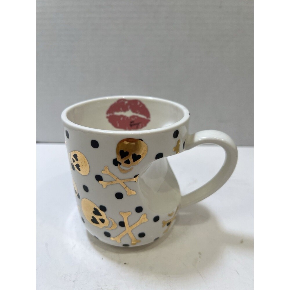 Betsey Johnson White Black Polka Dots Gold Skull and Crossbones Kiss Mug Cup